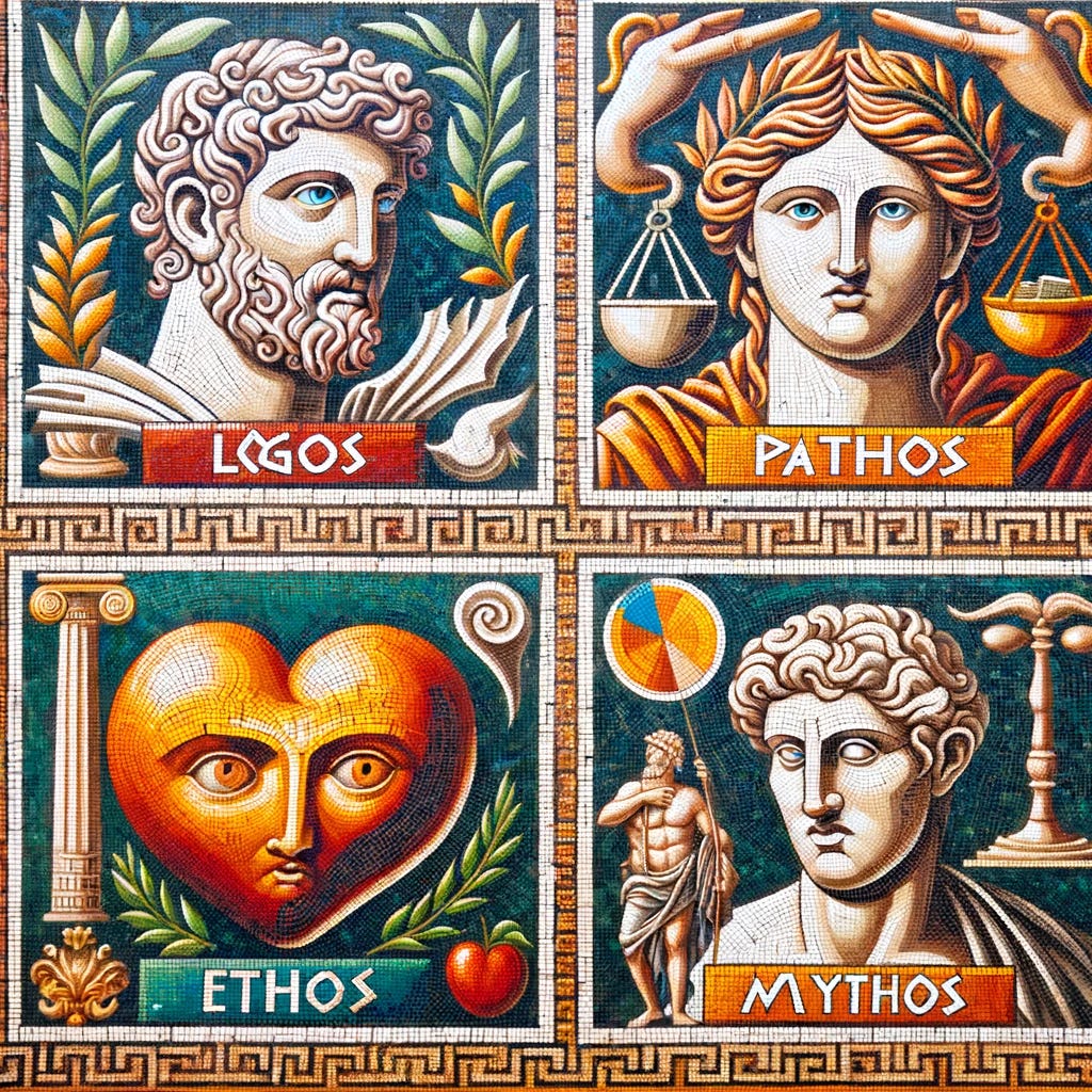 A Greco-Roman style mosaic depicting four distinct symbols representing Logos, Pathos, Ethos, and Mythos. Each symbol is intricately designed to embody its respective concept: Logos symbolized by a scroll or book, Pathos by a heart or expressive face, Ethos by a scale or trustworthy figure, and Mythos by a mythical creature or ancient symbol. The mosaic is colorful and detailed, capturing the essence of ancient Greek and Roman artistry.
