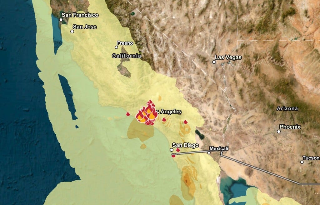 A Map of Southern California where fires have erupted around Los Angeles.