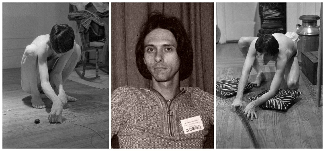 Triptych of archival black-and-white photos showing Jeffrey Jones before her transition. Left and right: a nude figure crouched on a hardwood floor in performance-like poses. Center: a portrait of Jones wearing a textured sweater and nametag, looking directly at the camera. Triptych of archival black-and-white photos showing Jeffrey Jones before her transition. Left and right: a nude figure crouched on a hardwood floor in performance-like poses. Center: a portrait of Jones wearing a textured sweater and nametag, looking directly at the camera.
