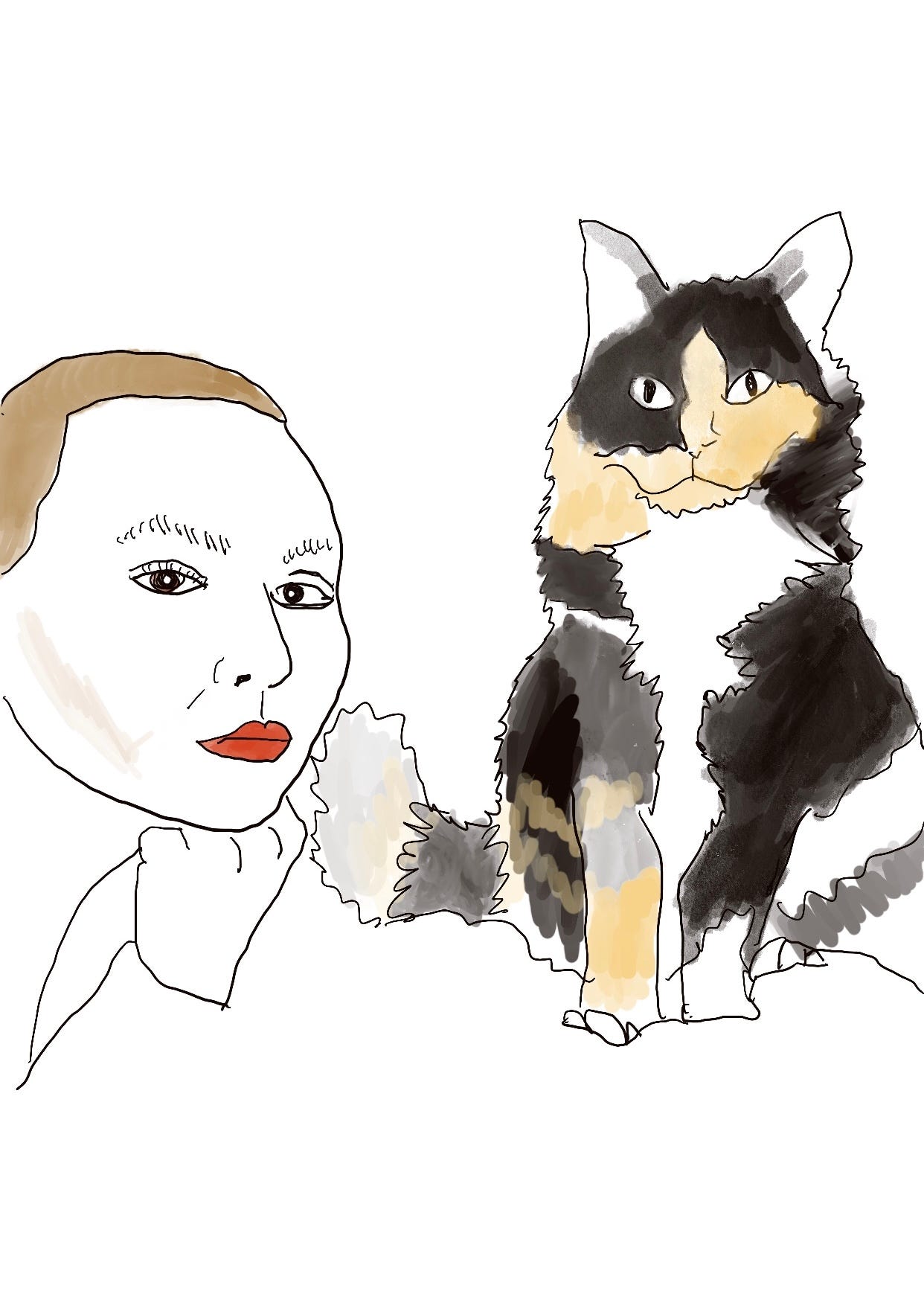 Drawing of a bald woman and calico cat
