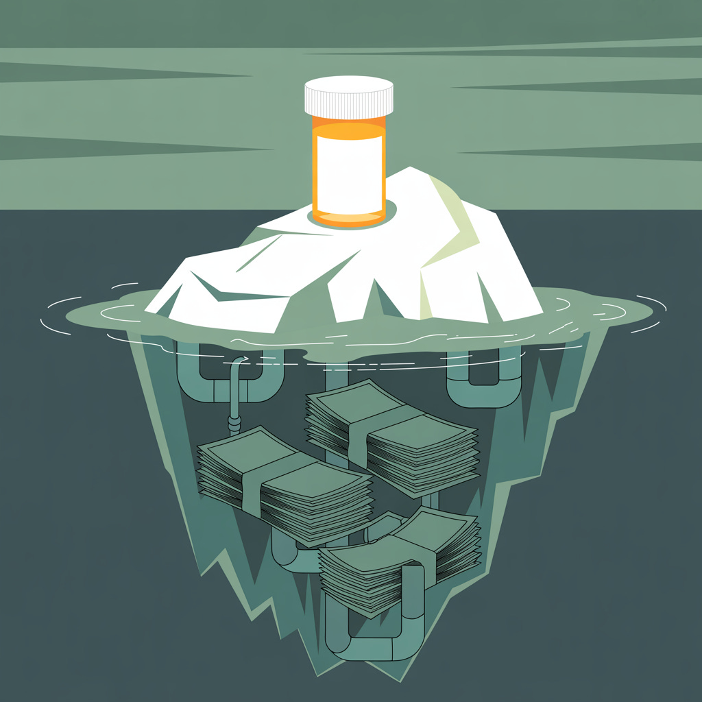 “Illustration of a prescription pill bottle sitting atop an iceberg. Below the surface, pipes weave through stacks of cash, symbolizing hidden costs and PBM profit opacity. Represents how pharmacy benefit managers extract margin invisibly.”