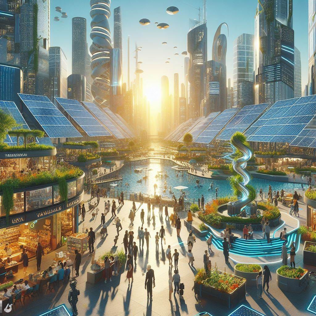 a futuristic city with solarpunk vibes, with people thriving and living happy lives