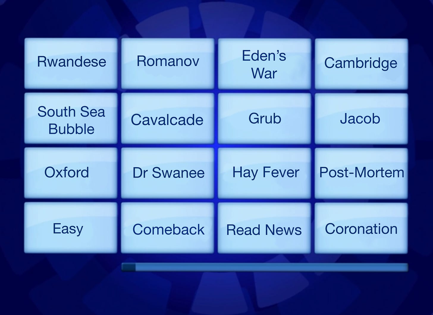 A grid featuring the following sixteen words or phrases: Rwandese; Romanov; Eden's War; Cambridge; South Sea Bubble; Cavalcade; Grub; Jacob; Oxford; Dr Swanee; Hay Fever; Post-Mortem; Easy; Comeback; Read News; Coronation.