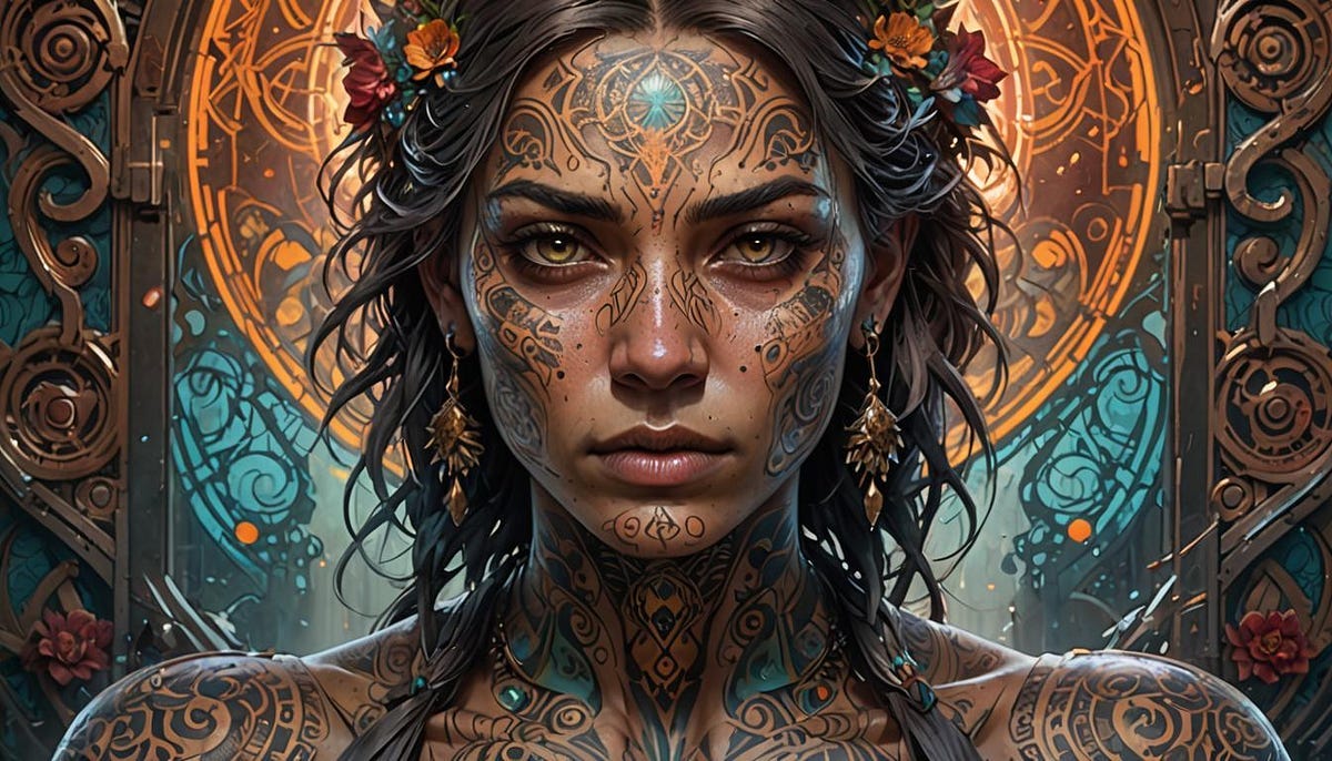 Woman with tatooed face, artistic design