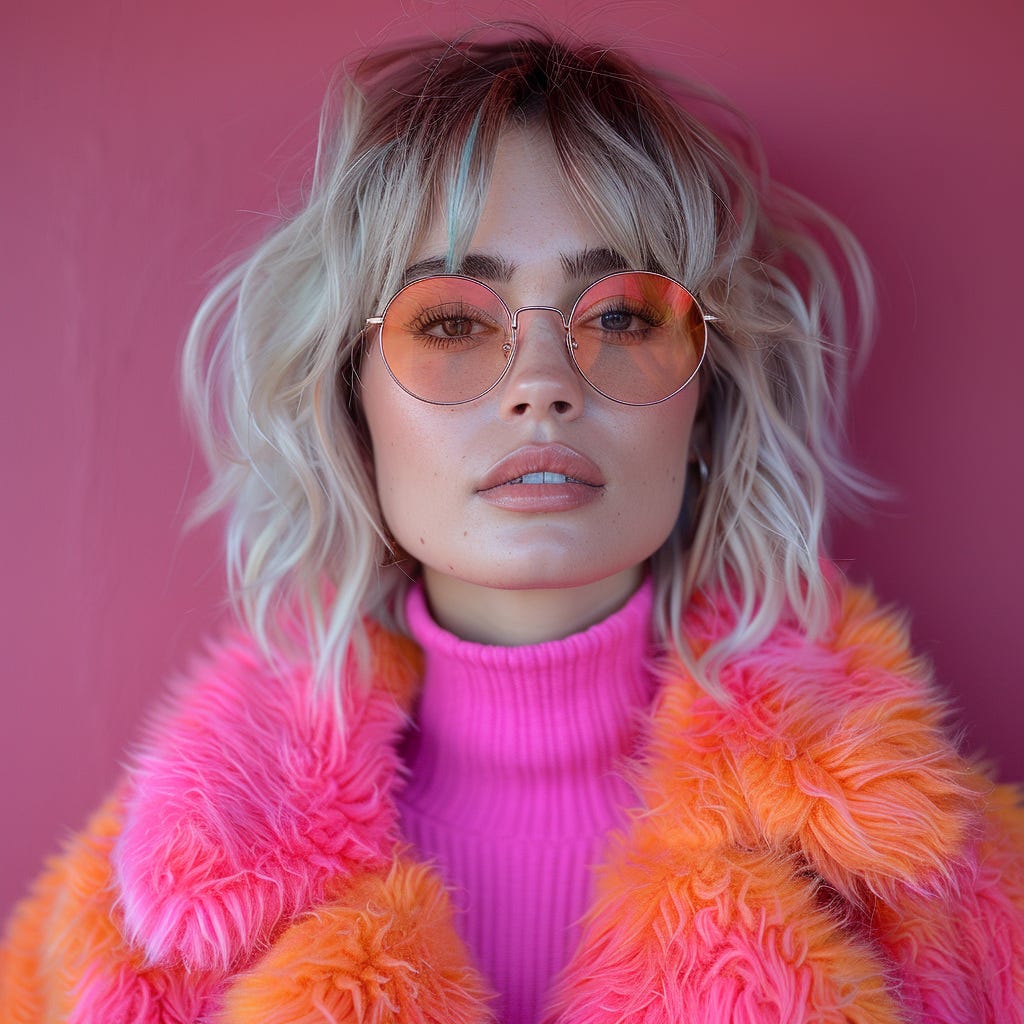 A white yourng woman, looking one side, winking, with vivid color clothes wearing eyeglasses wearing contrasting vivid color accessories isolated on vivid contrasting colorful background with space. Colors: pink, color code #e11a72