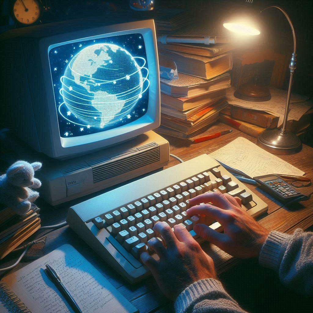 typing on a retro computer late at night, with the words travelling across the internet in all directions