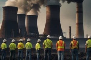 Men in yellow vests standing in front of a dirty power plant