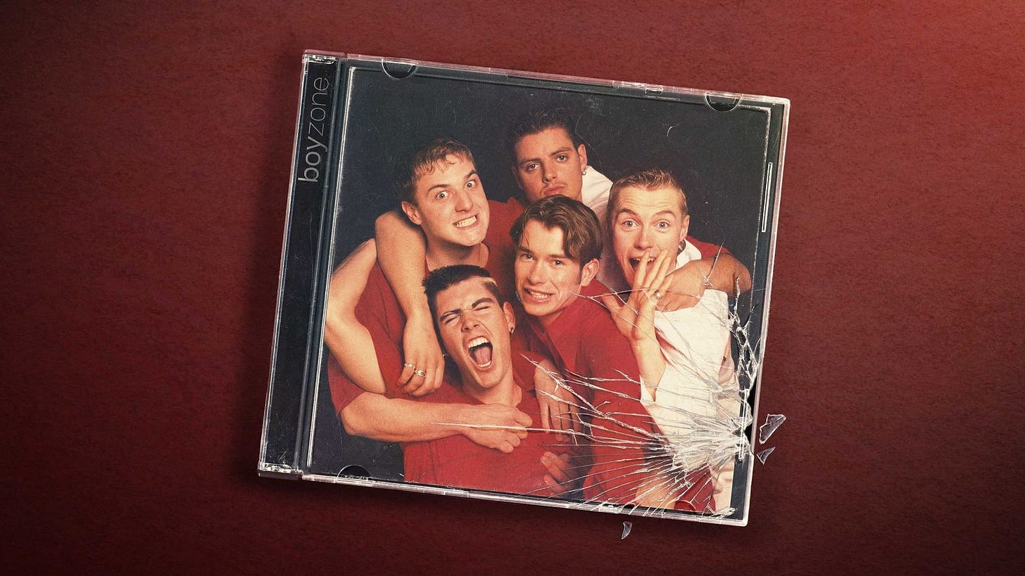 Promo image from the Sky Boyzone documentary showing an old photo of the band in a cracked CD case