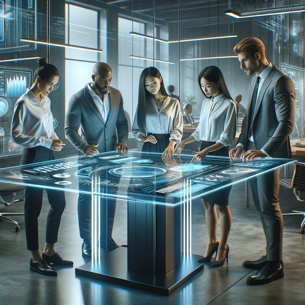 a diverse team collaborating around a futuristic tabletop computer. They are asian women, a black man with a beard and a white man with read hair, all under age 50. It is not obvious who is the team leader.