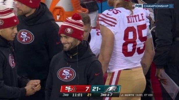 Jimmy Garoppolo appeared to see the funny side of the San Francisco 49ers' misfortune in the NFC Championship Game