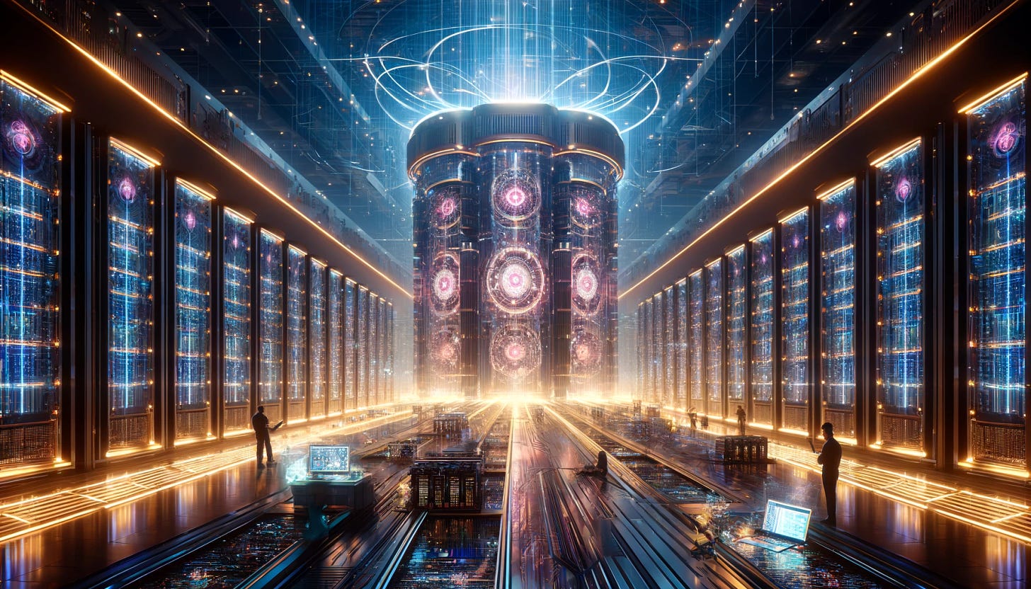 Create an image that visually captures the essence of a groundbreaking collaboration between two technology giants, Microsoft and OpenAI, as they embark on an ambitious project to construct a $100 billion supercomputer named Stargate. The image should feature a futuristic data center with advanced, towering server racks illuminated by neon lights, signifying immense computing power. In the background, integrate elements that symbolize the partnership between these companies, such as their logos subtly merged into the architecture or displayed on screens. The scene should be energized with dynamic lighting to reflect the power and potential of the supercomputer. Additionally, incorporate visual cues to the project's challenges and scale, like engineers working on a giant, complex circuit board or digital displays showing AI algorithms at work. The overall atmosphere should convey a sense of advanced technology and strategic collaboration aimed at pushing the boundaries of artificial intelligence, without directly depicting any individuals or identifiable proprietary technology.