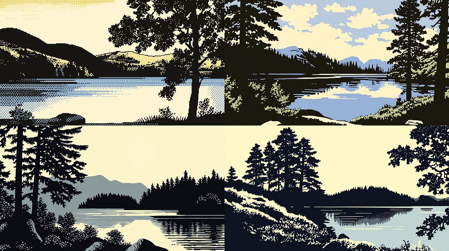 Default SW + Style-related keywords. /imagine prompt: an illustration of a landscape with a lake, blue and yellow — sref 4188538948 — sw 100 — ar 16:9 — v 6.1