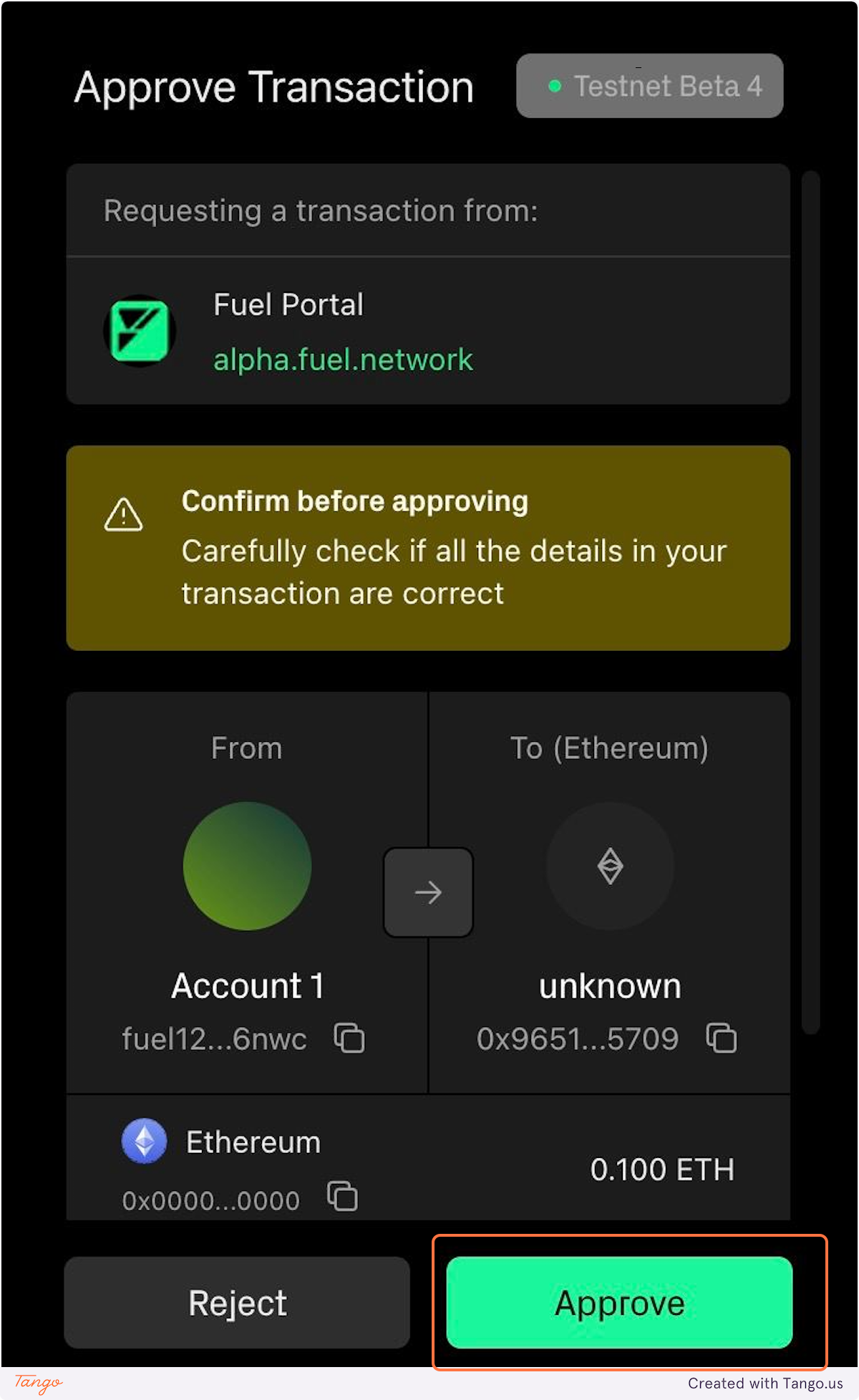 You can approve the transaction on the Fuel wallet