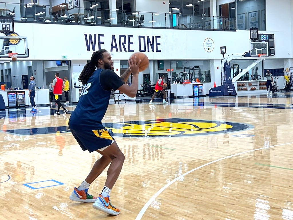 Pacers center Isaiah Jackson shooting 3s after practice on Saturday.