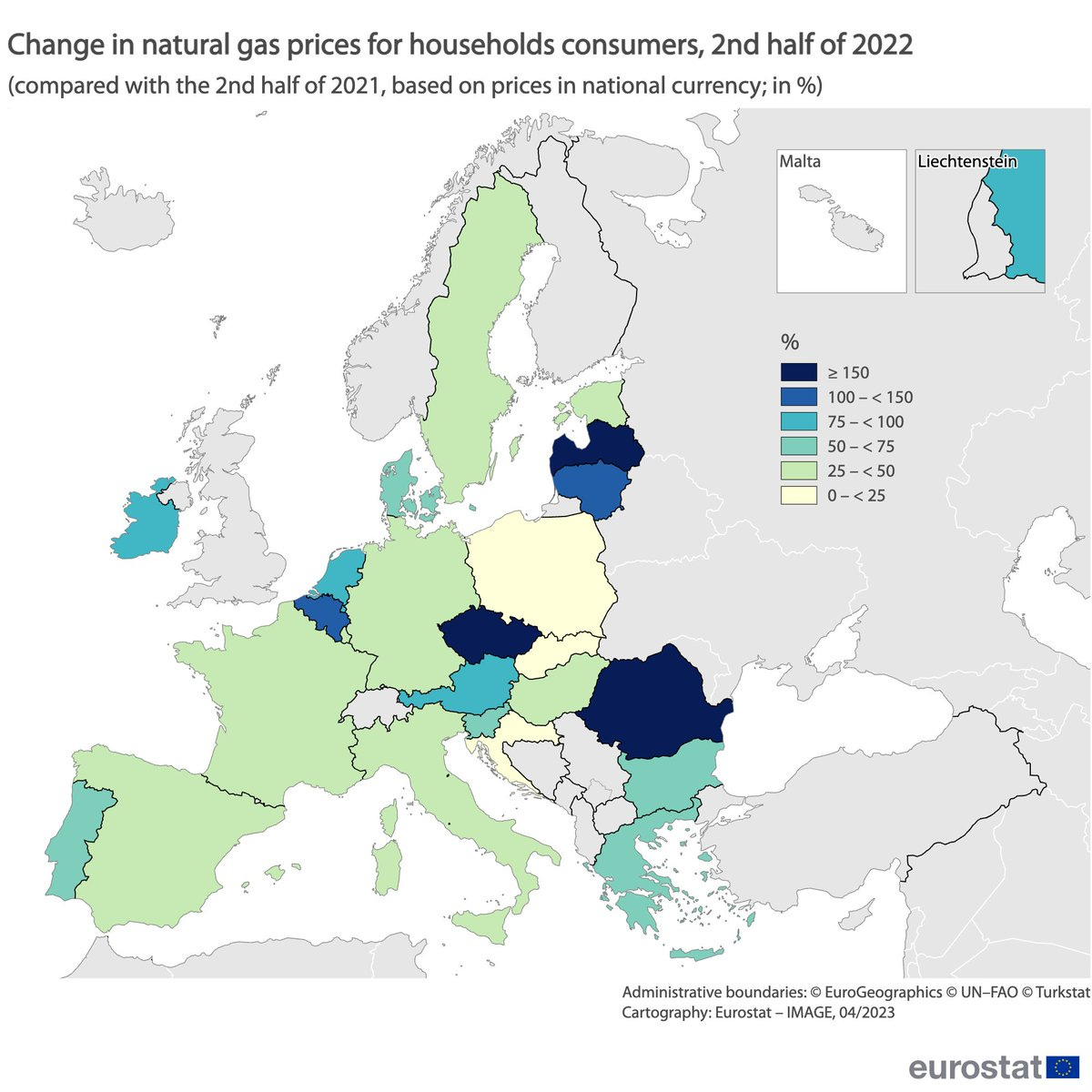 Map, change in natural gas prices for household consumers, 2nd half of 2022, compared with 2nd half of 2021, based on national currency, in percentage 
