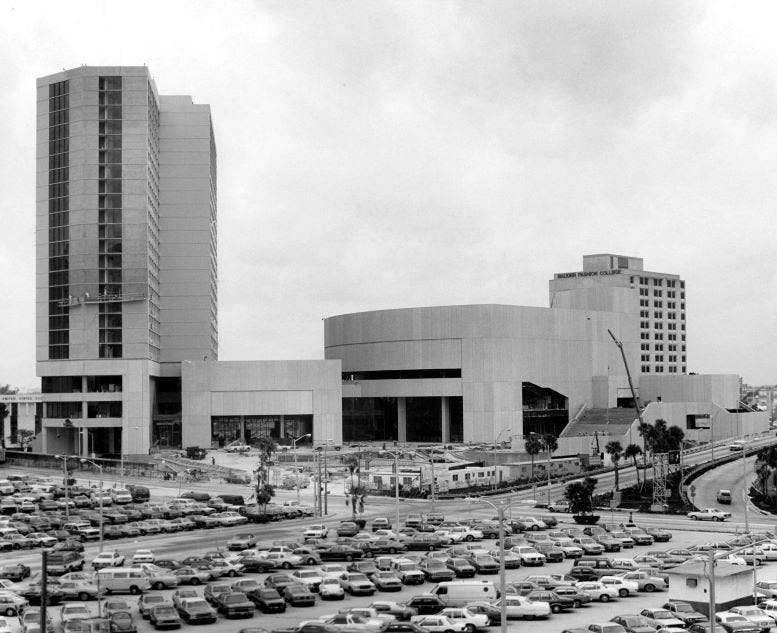 James L Knight Convention Center and Hyatt being constructed in January of 1982. 