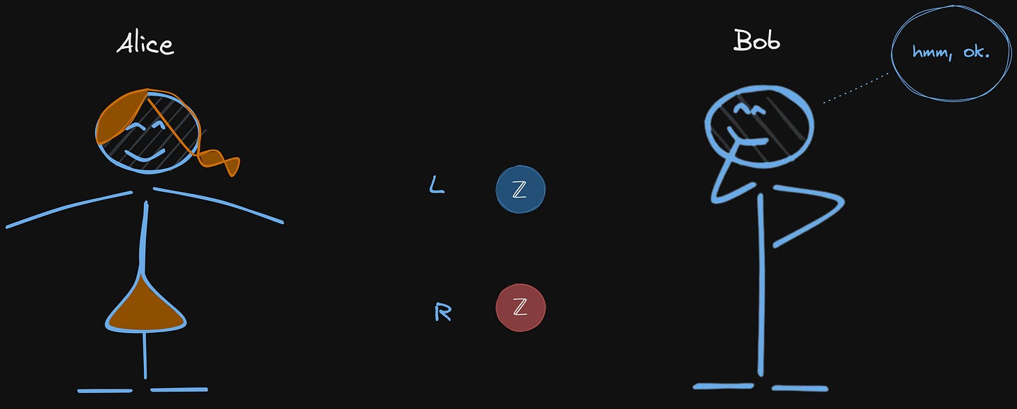 Alice and Bob while Alice has two balls in her hands