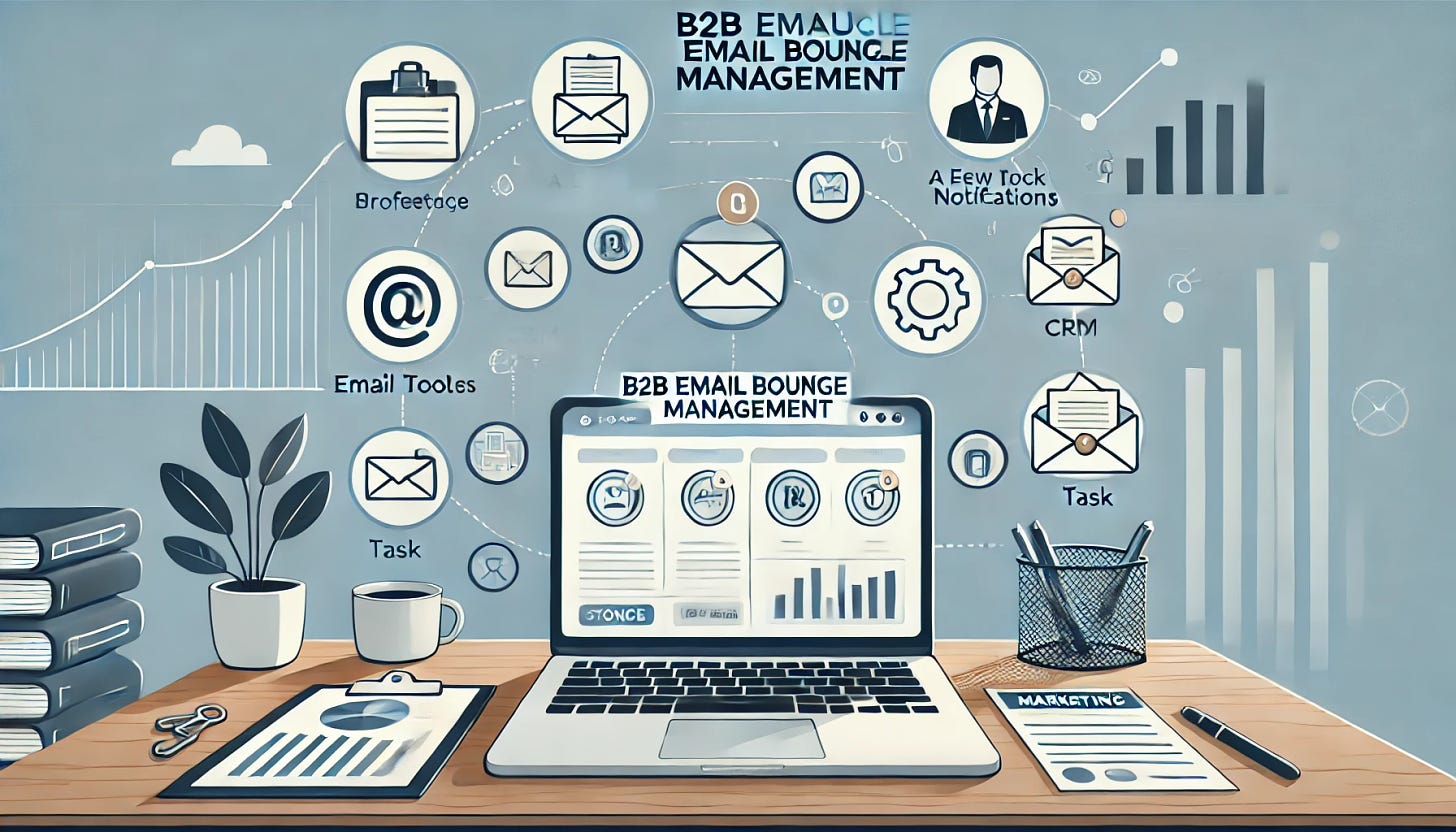 A professional and simple illustration representing B2B email bounce management in a marketing context. The image should have a similar style to a previously attached image, with clean and minimal details. It features elements such as a laptop on a desk, a few icons like business buildings, CRM tools, and task notifications, highlighting the structured process of managing email bounces in a B2B environment. The tone is corporate and business-focused with minimal complexity, focusing on team-based problem-solving.