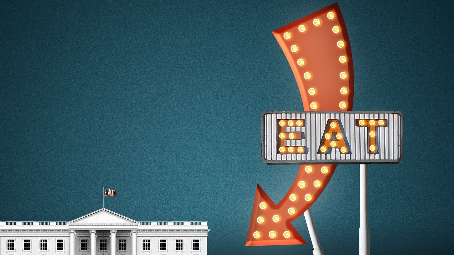 Illustration of a giant neon road sign over The White House in the shape of an arrow that reads, 