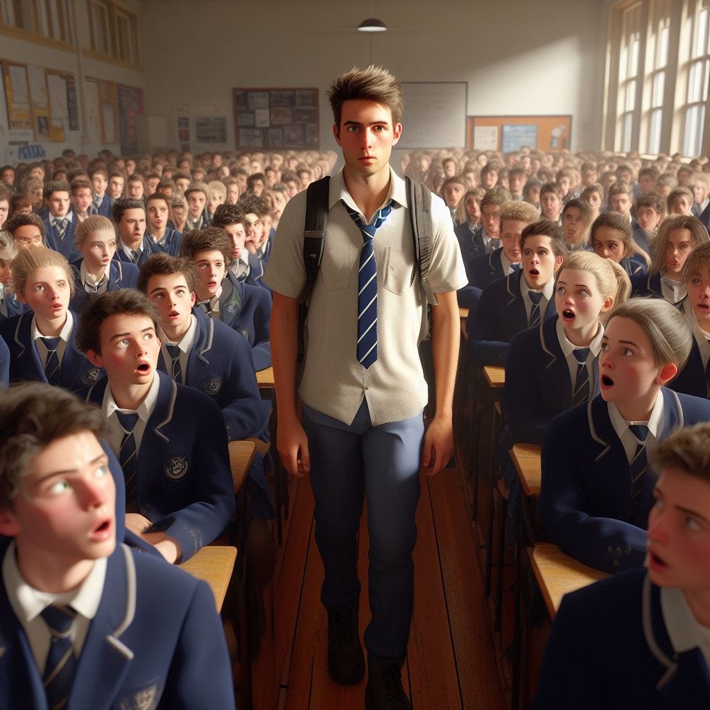 A young man walking into a classroom, his classmates looking at him with a shocked expression. 