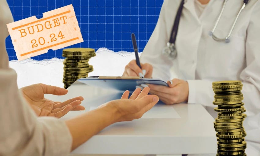 It shows a doctor writing on a clipboard, stacks of coins symbolizing healthcare costs, and hands indicating a patient-doctor interaction.