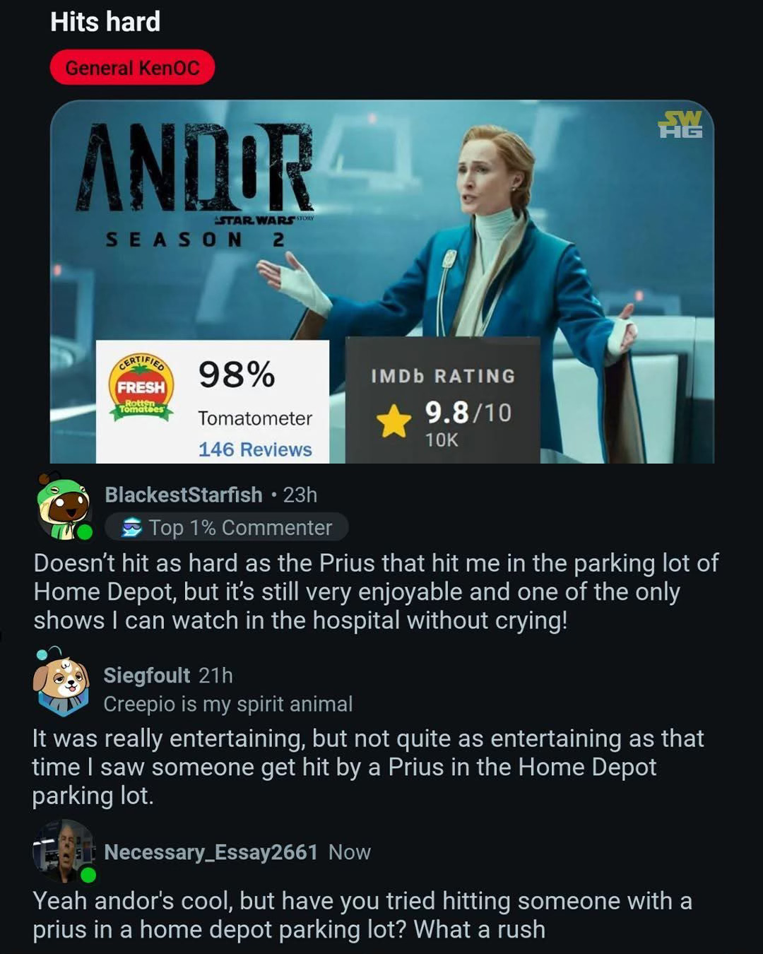 Fake Rotten Tomatoes review titled Hits Hard with three comments doing a bit about how it didn’t hit as hard as a Prius in the Home Depot parking lot, with one commenter being the person hit, one being a witness, and then the driver of the Prius.