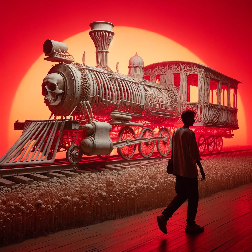 A picture of a man walking away from a unique train made entirely of bones, set in an environment with red lighting reminiscent of a sunset. The scene is peaceful and serene, despite the unusual nature of the train. The man is depicted in a relaxed posture, symbolizing a sense of calmness and contemplation. The bone train is detailed, with its structure artistically resembling a skeleton, adding a surreal yet intriguing element to the image. The red sunset light bathes the scene in a warm, tranquil glow, enhancing the peaceful atmosphere.
