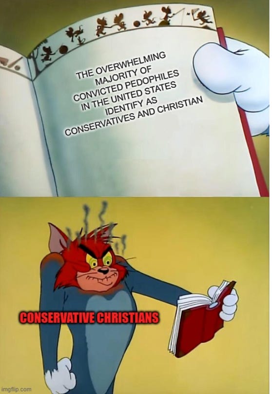 hand holding book page that says "the overwhelming majority of convicted pedos in the US identity as conservative and Christian" 