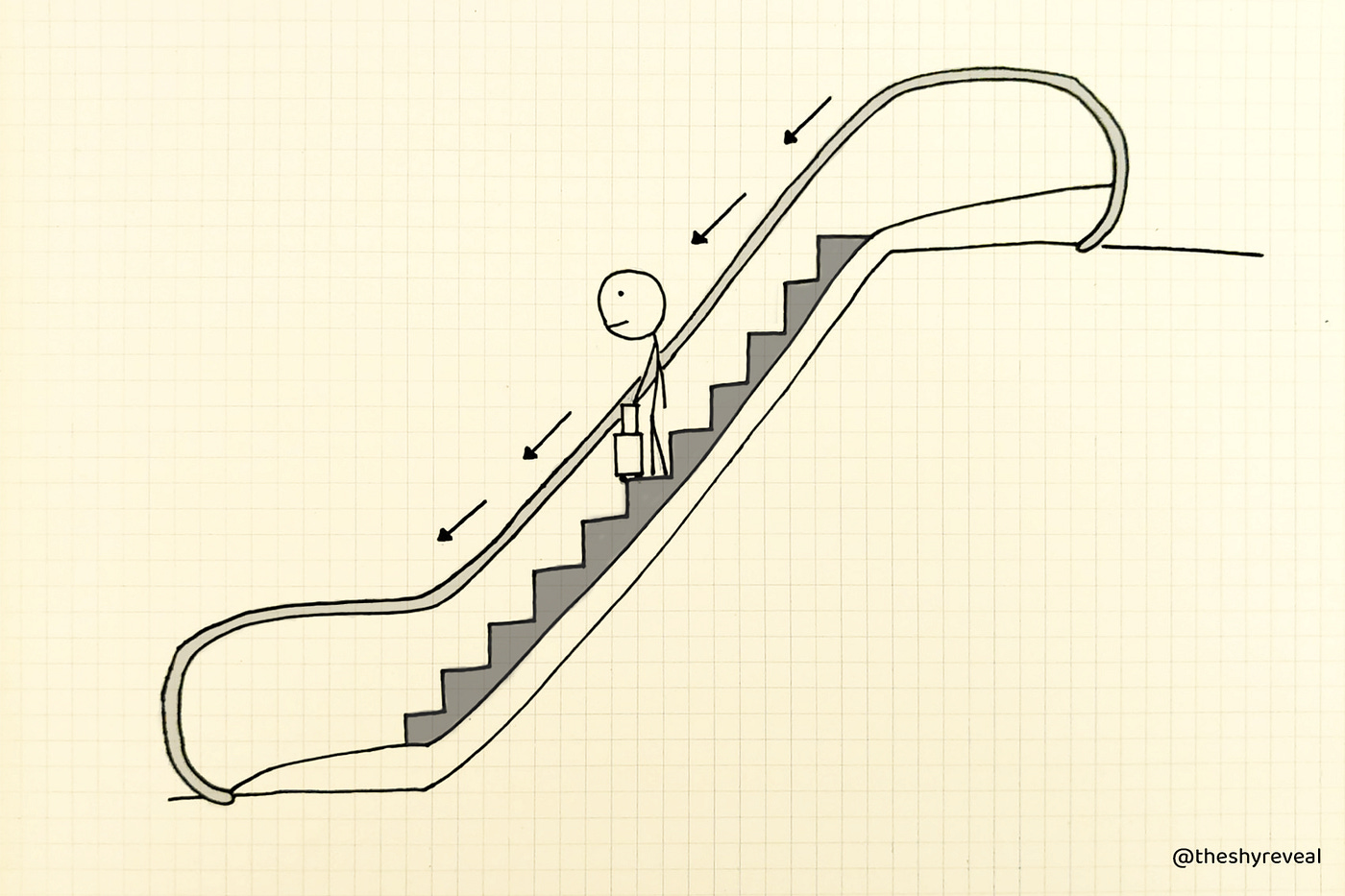 Drawing of a stick figure going down the escalator.