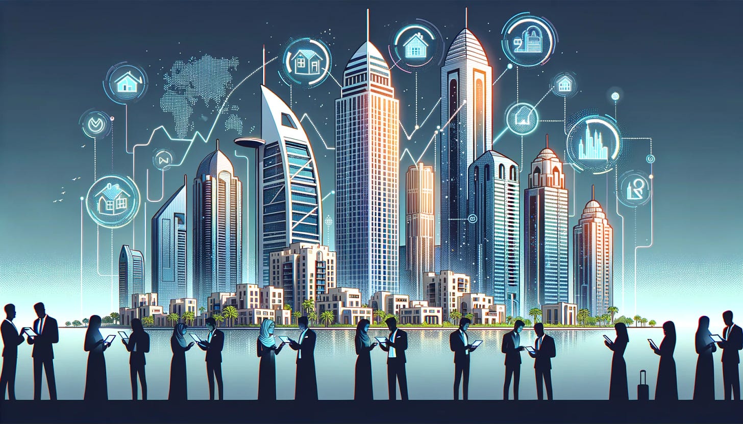 Vector art of Dubai's famous skyscrapers. On the buildings, there are projected animations of dividing lines, portraying the idea of splitting real estate into shares. In the foreground, a multicultural group of investors interact with futuristic devices, engaging in the process of acquiring fractionalized assets.