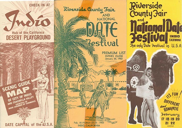 Three tourist pamphlets. The first is for the city of Indio, and the other two are for the Coachella Valley Date Festival.