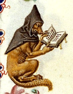 A medieval illustration from a Book of Hours showing a Good Dog reading a Good Book.