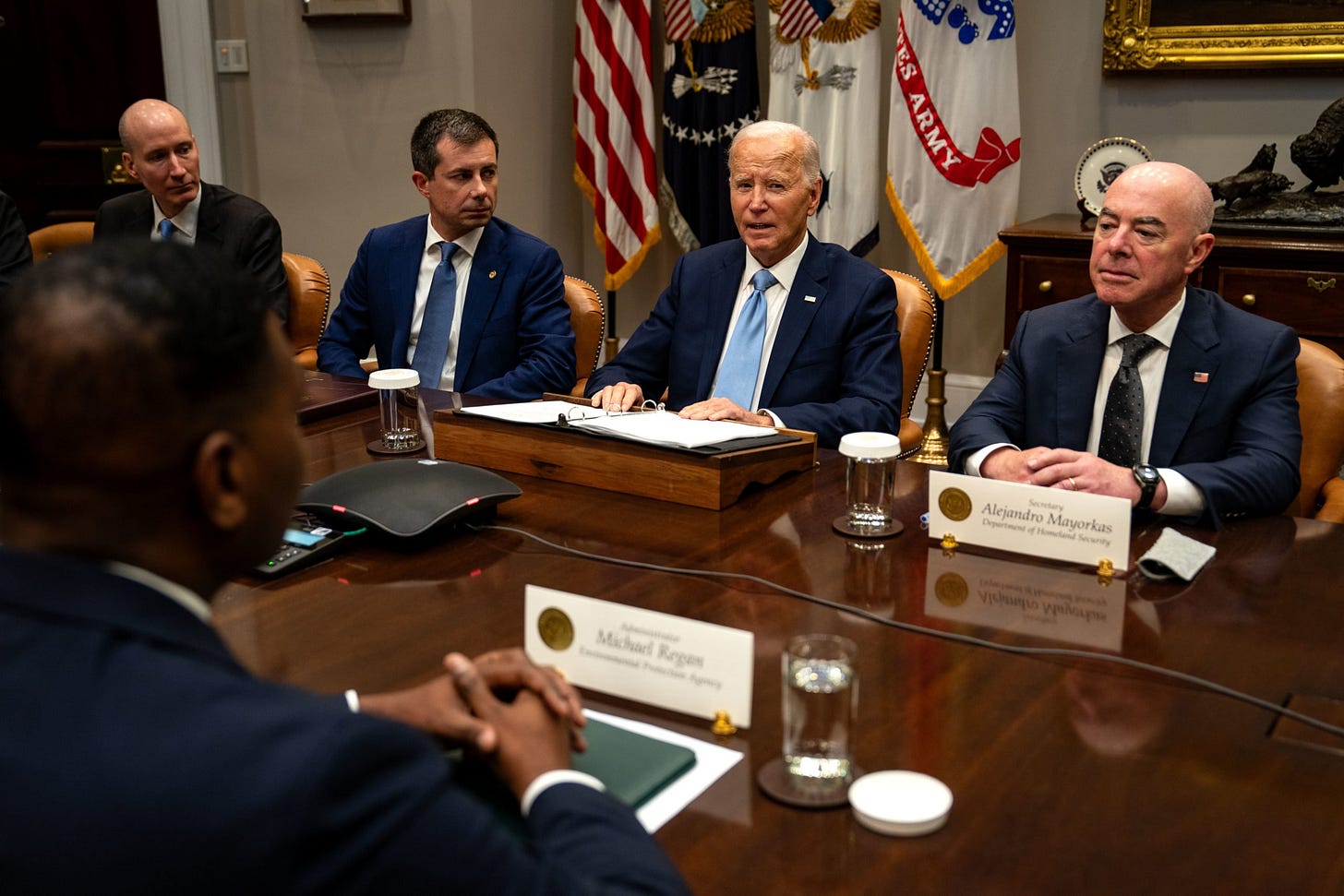 U.S. President Joe Biden meets with members of his cabinet as they meet about the ongoing response efforts to Hurricane Helene in the Roosevelt Room of the White House on October 1, 2024 in Washington, DC. President Biden will travel to North and South Carolina this week in the aftermath of Hurricane Helene, which after hitting Florida's Gulf Coast as a Category 4 hurricane, tore through Georgia and the Blue Ridge Mountains, causing landslides, road washouts, and widespread outages. (Photo by Kent Nishimura/Getty Images)