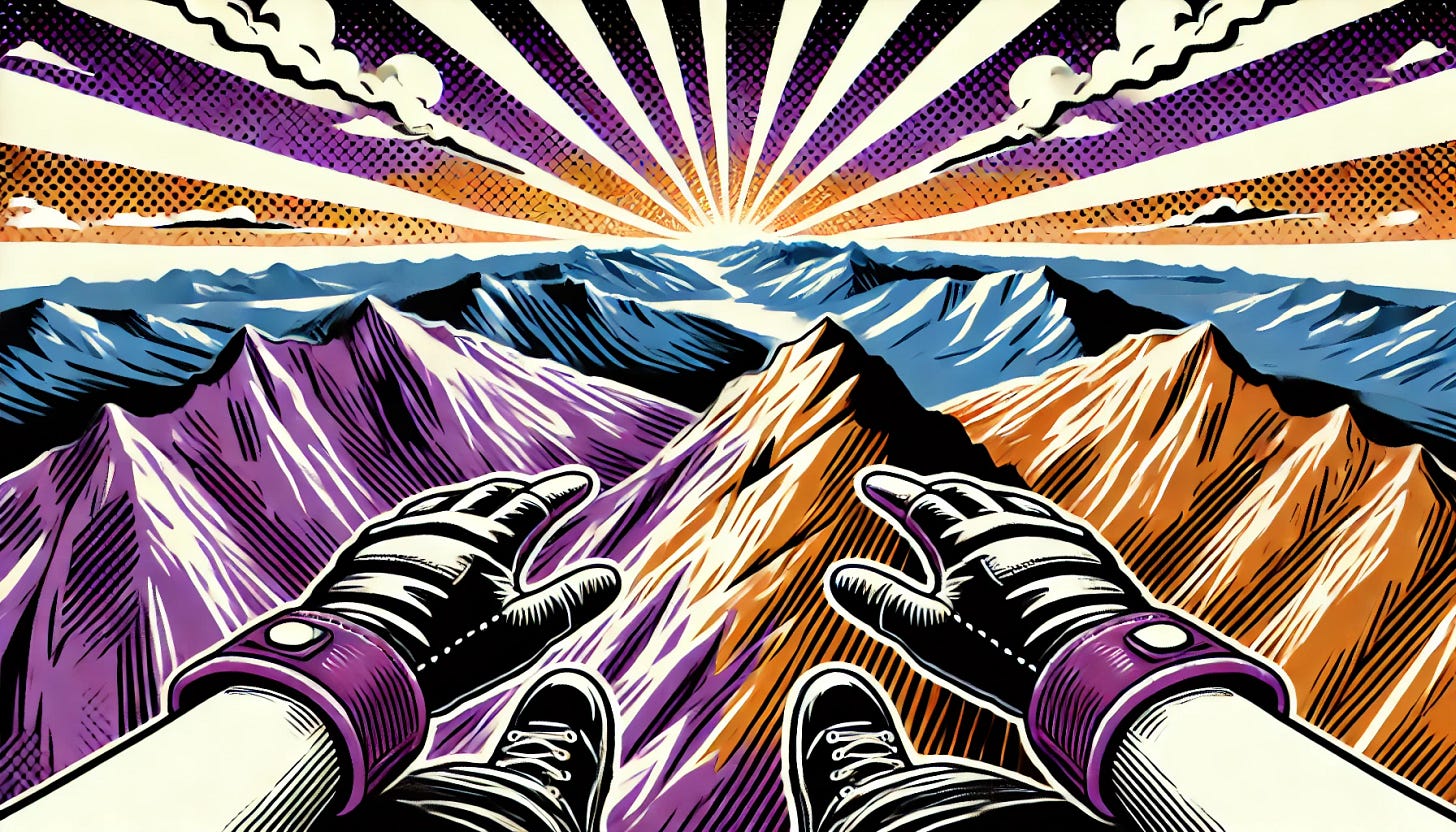 A pop art style illustration depicting a first-person perspective of standing on a mountaintop, overlooking a vast range of mountains. The color palette is restricted to bright purple, bright orange, black, and white, with a white background. The design captures the feeling of height and vastness, with the viewer's hands or feet slightly visible in the foreground to emphasize the first-person perspective. The scene is clean and minimal, evoking a sense of adventure and awe.