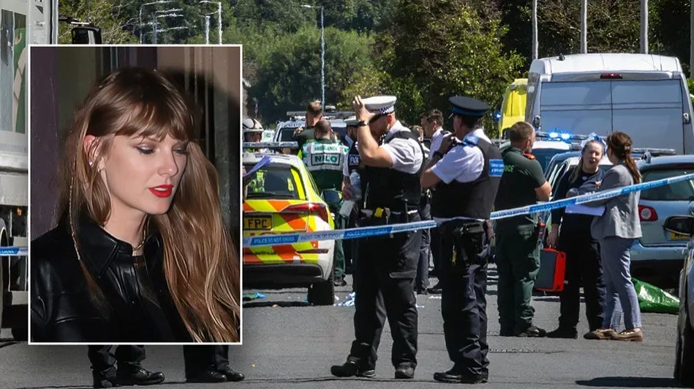 Police officers at the scene of a stabbing incident in the UK, with Taylor Swift in an inset image.