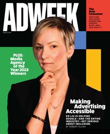 Adweek magazine cover shows a blonde white woman in front of a colourful background