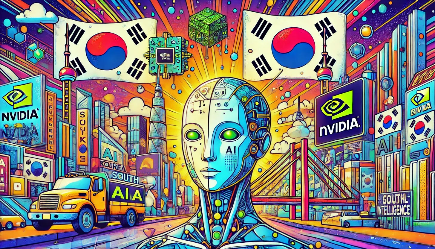 A vibrant, futuristic pop-art style illustration depicting a celebration of artificial intelligence. The scene includes iconic symbols of South Korea and Nvidia, showcasing a global technology revolution. The image should feature elements like digital networks, futuristic cities, and AI symbols, all infused with bright, bold colors typical of pop-art. The setting is lively and celebratory, emphasizing the theme of a tech revolution. This image must be in a horizontal rectangular format, specifically 1920x1080 dimensions.