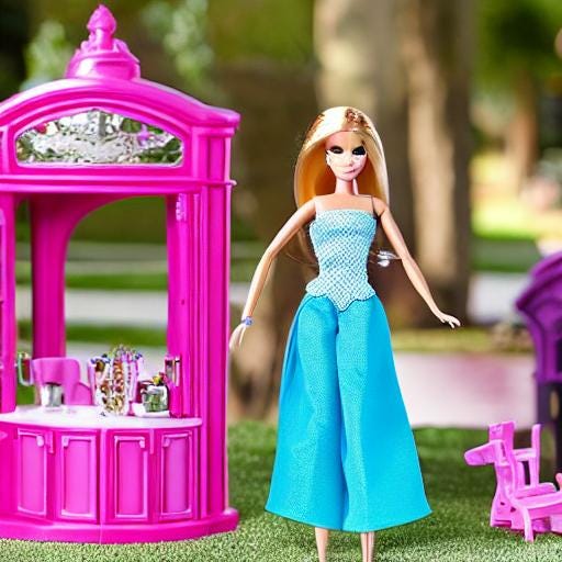 AI generated image of a Barbie in a teal dress in front of hot pink Barbie furnishings