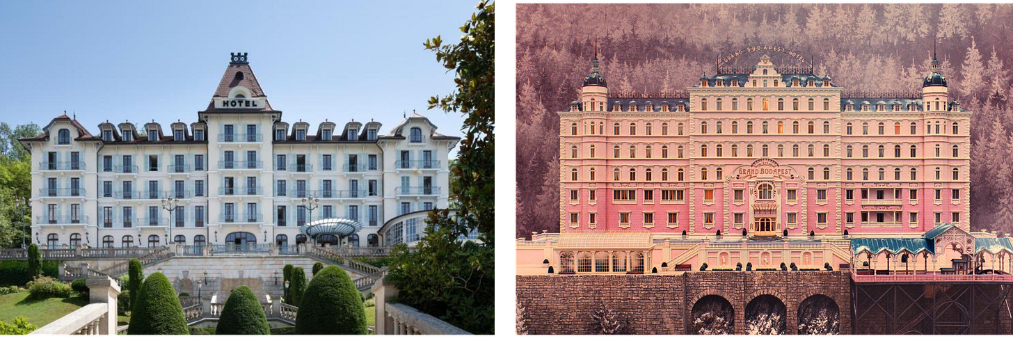 Left: Le Palace De Menthon, a grand hotel with classic architecture and manicured gardens located in Menthon-Saint-Bernard, France. Right: The fictional Grand Budapest Hotel, a whimsical and ornate pink building set against a backdrop of mountains and forests, inspired by the film 'The Grand Budapest Hotel' directed by Wes Anderson