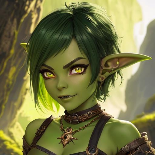 oil painting, D&D fantasy, green-skinned-goblin girl...