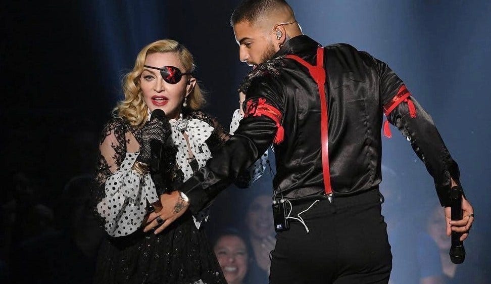 madonna gays it up with maluma eye patch at 2019 billboard music awards