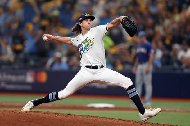 Tyler Glasnow of the Tampa Bay Rays pitches in the fifth inning against the Texas Rangers during Game One of the Wild Card Series at Tropicana Field...