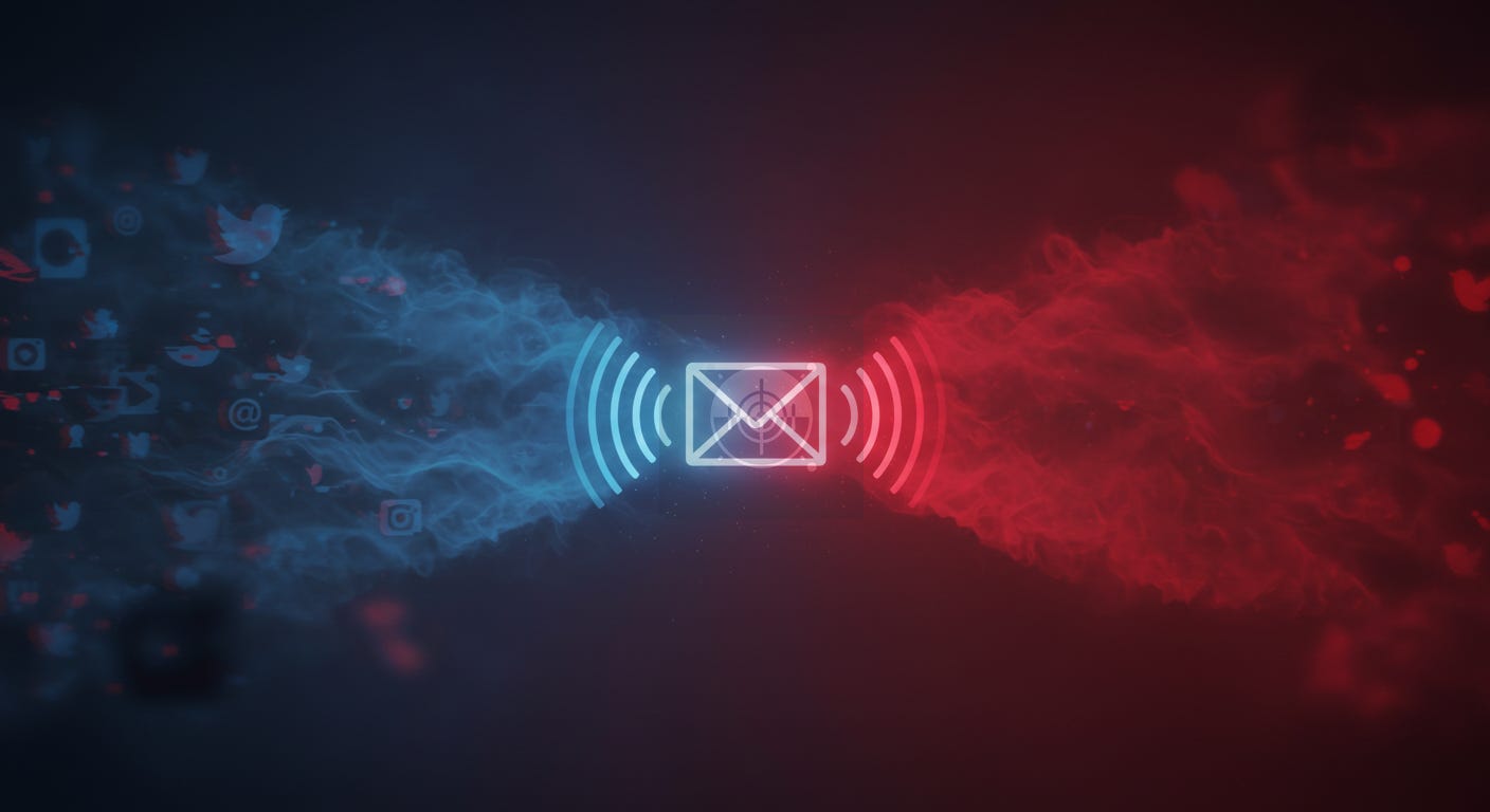 all social media icons flying into a newsletter icon, getting blasted out the other side as a single signal