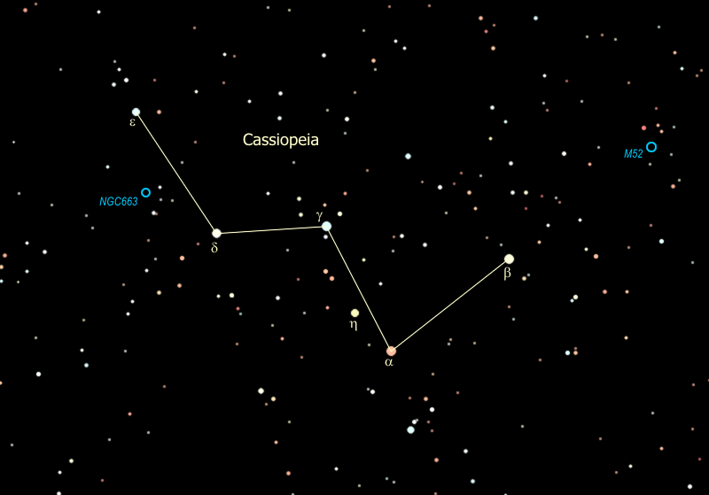 illustrated star chart showing a few stars connected in a line, labeled "Cassiopeia"
