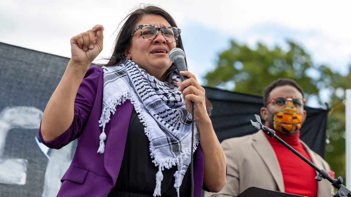 Rep. Rashida Tlaib, D-Mich., speaks during a demonstration calling for a ceasefire in Gaza, Oct. 18, 2023, near the Capitol in Washington.