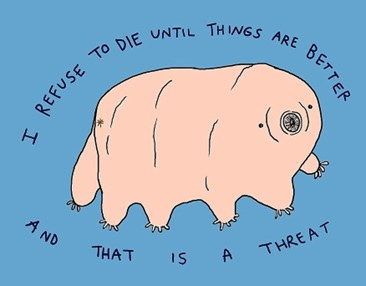 Meme of a six-legged cow-pig hybrid creature that says I refuse to die until things get better and that is a threat. 