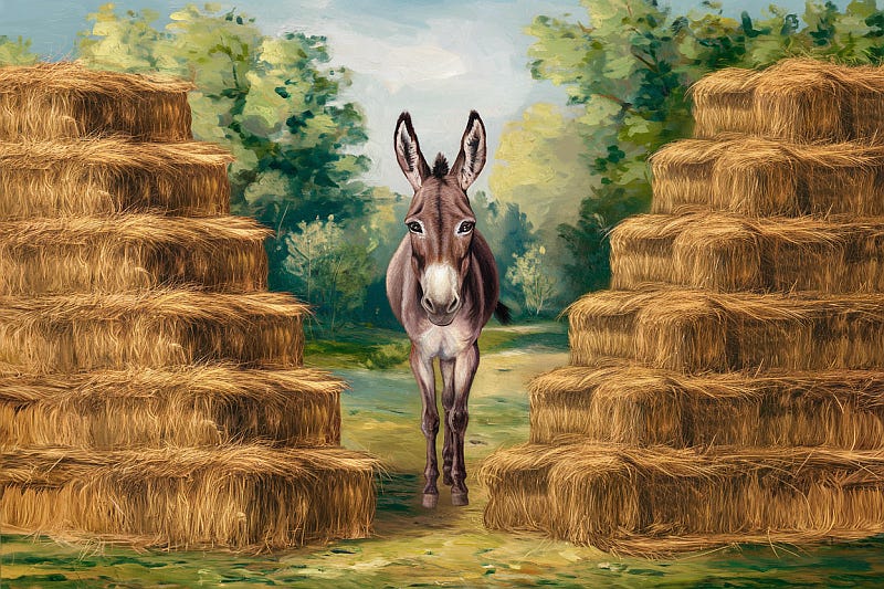 An emaciated, sad looking donkey standing between to stacks of hay