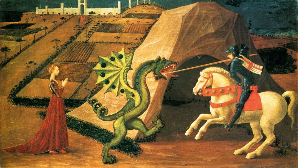 A painting of a knight attacking a dragon

Description automatically generated