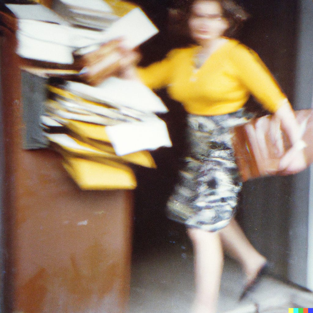 an AI-assisted faux vintage "photo" of a women mailing an absurd number of envelopes