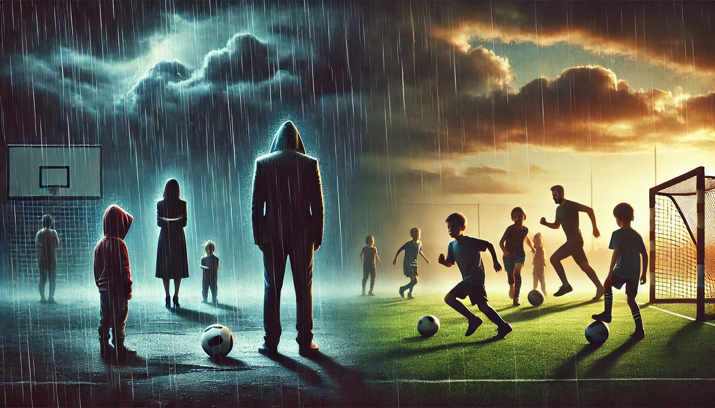 A wide emotional and dramatic banner image for an article about a father's struggle to maintain a relationship with his young son. The scene shows a father standing alone in the rain on one side of a sports field, watching from a distance as his young son plays soccer with other children. The mother stands nearby but deliberately turns her back to the father, symbolizing alienation and lack of communication. The father's side is dark, cloudy, and rainy, while the child's side is sunny and bright, showing the emotional contrast. The image should evoke sadness, frustration, and the theme of parental alienation. Include no text.